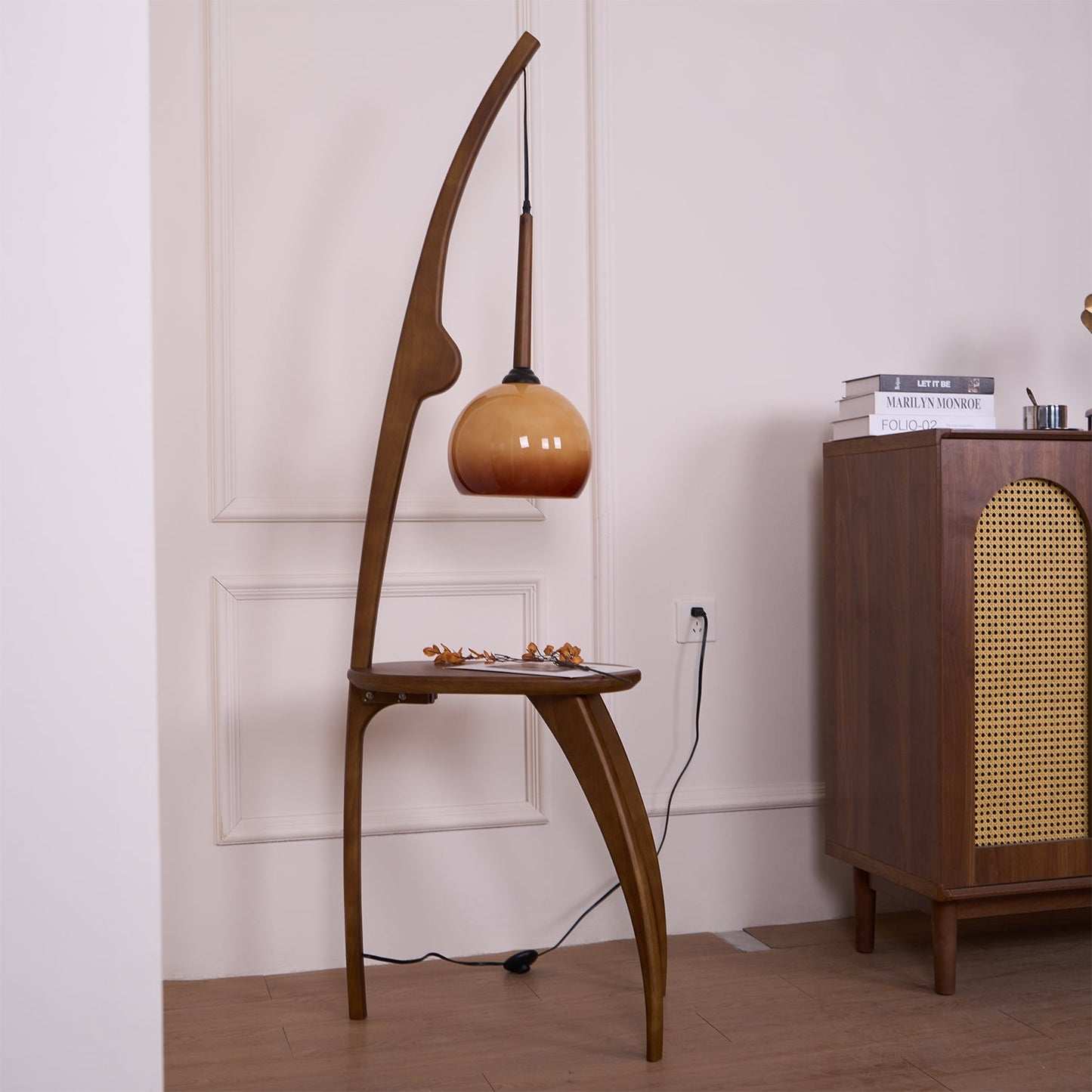 Curved Mantis Arm Floor Lamp with Amber Glass Shade
