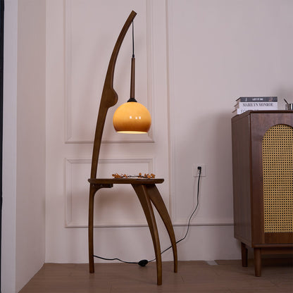Curved Mantis Arm Floor Lamp with Amber Glass Shade