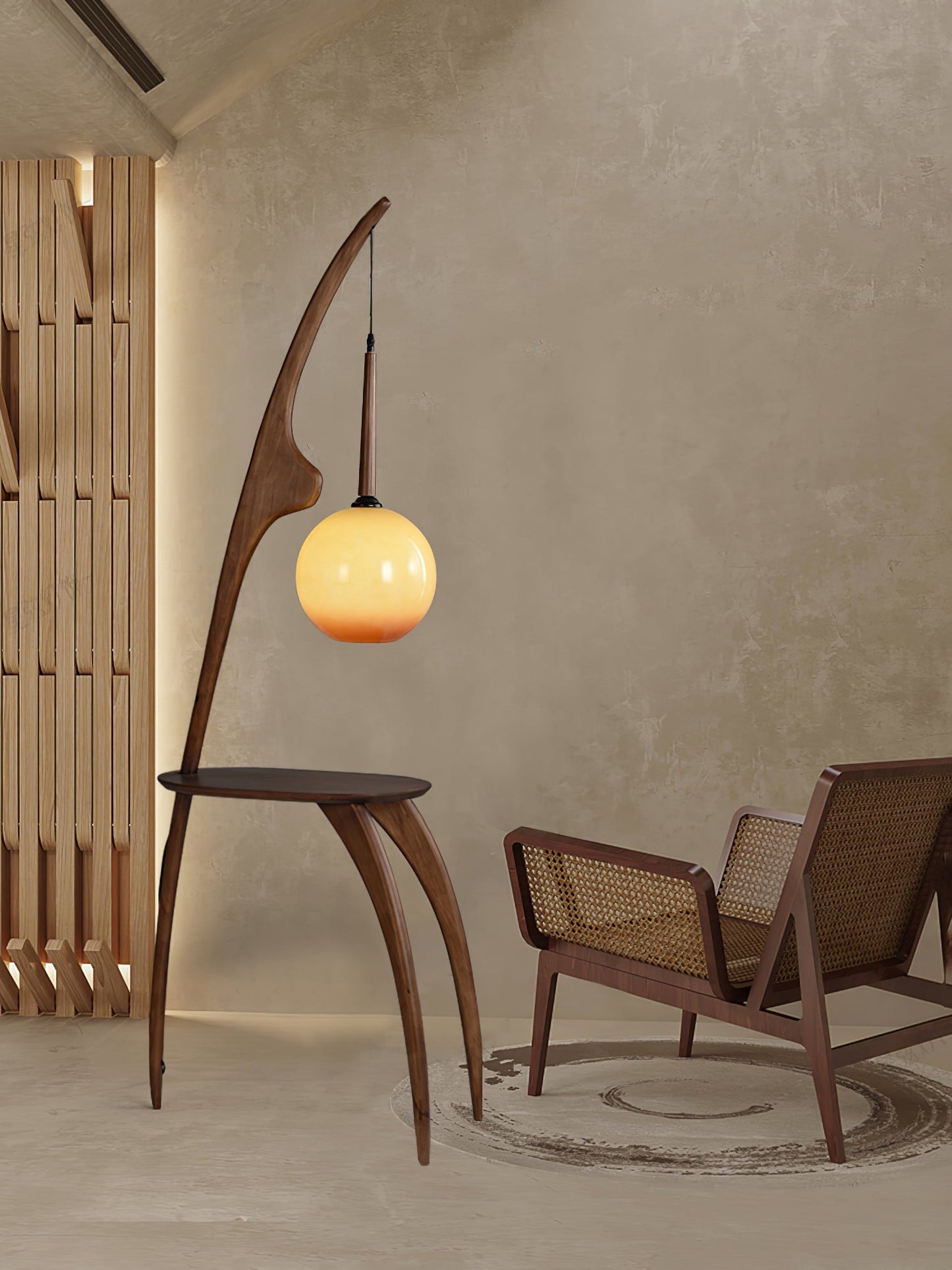 Curved Mantis Arm Floor Lamp with Amber Glass Shade