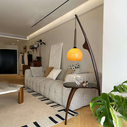 Curved Mantis Arm Floor Lamp with Amber Glass Shade