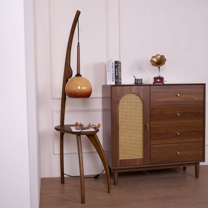 Curved Mantis Arm Floor Lamp with Amber Glass Shade
