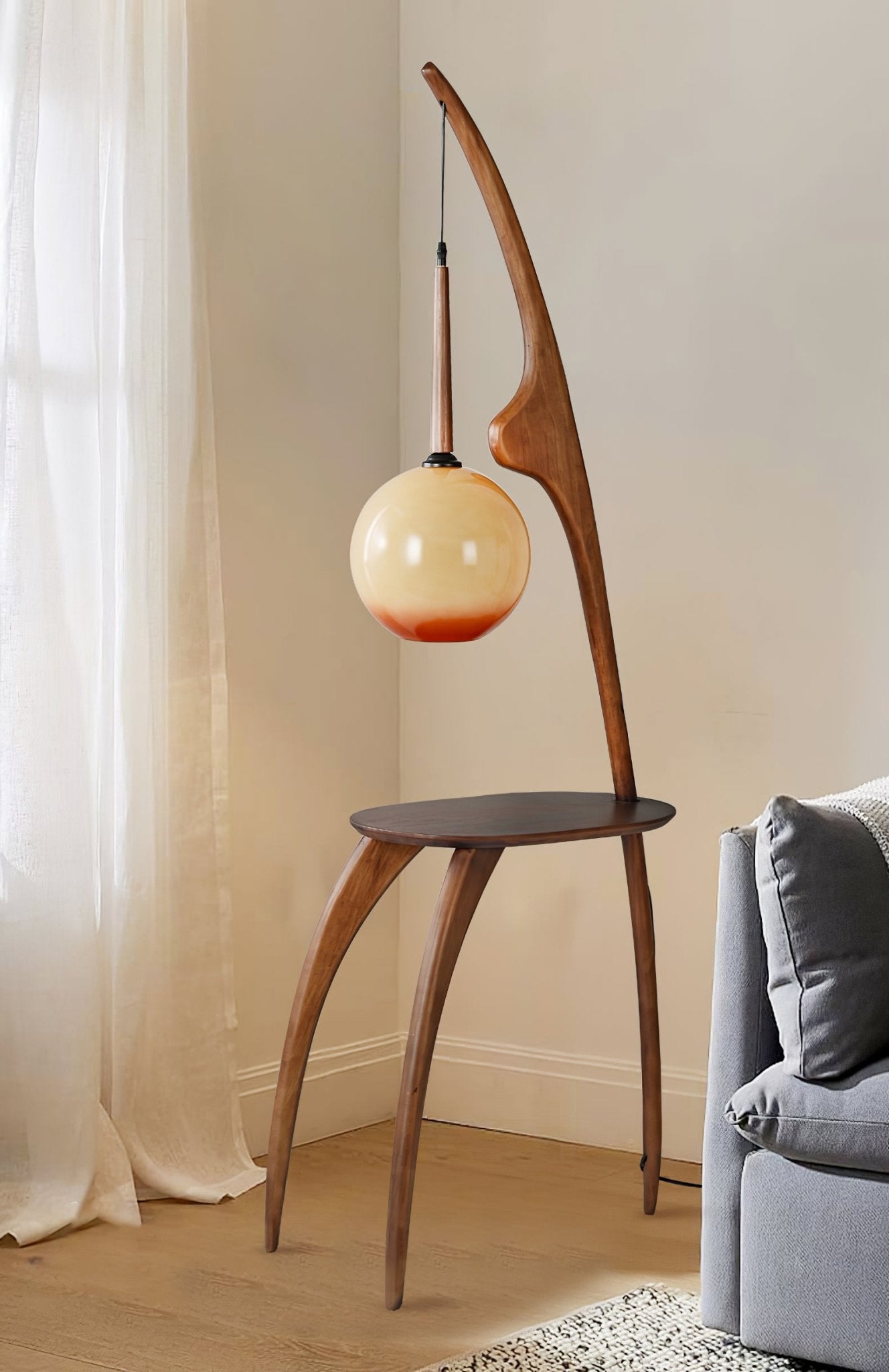 Curved Mantis Arm Floor Lamp with Amber Glass Shade