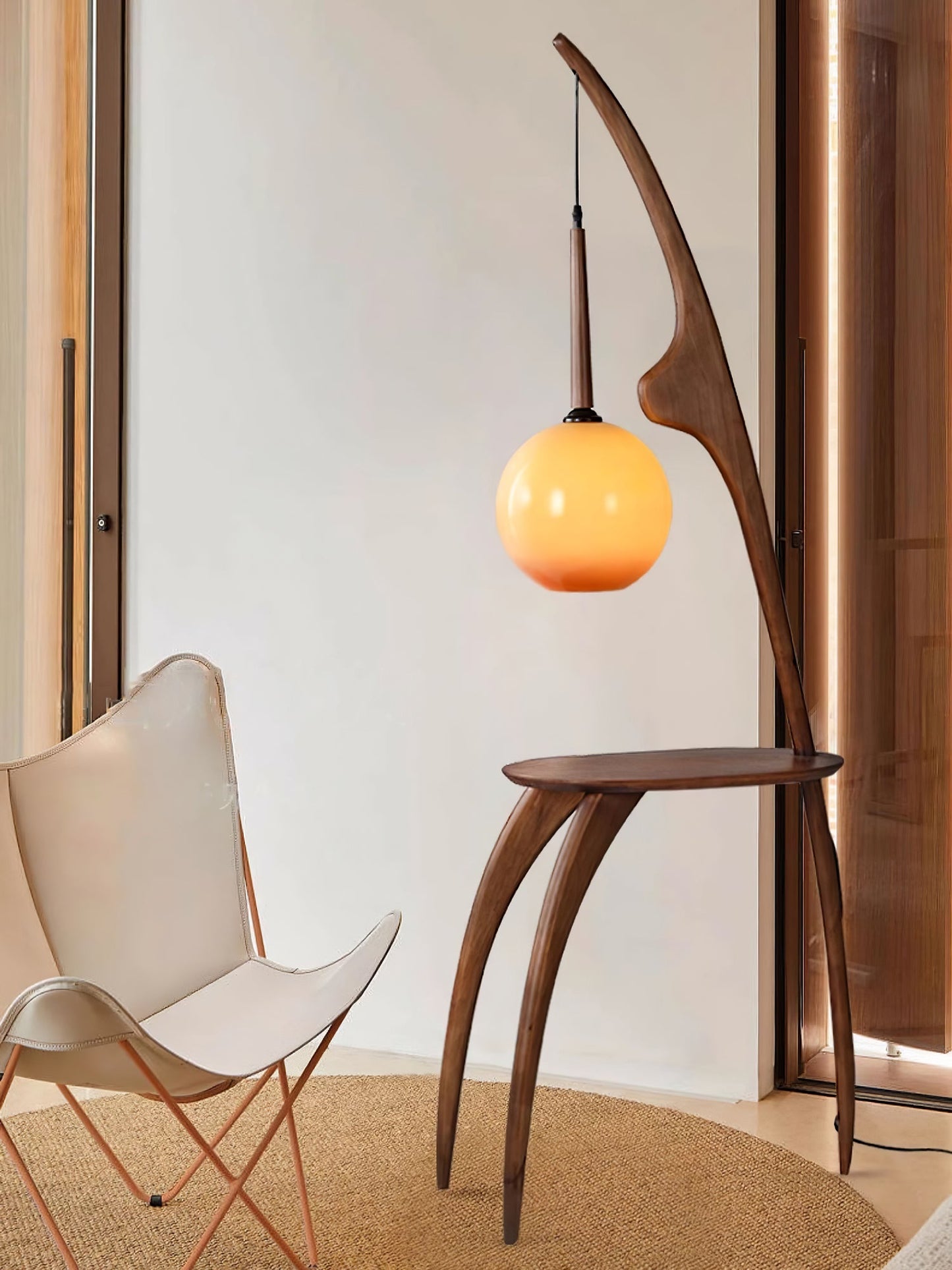 Curved Mantis Arm Floor Lamp with Amber Glass Shade