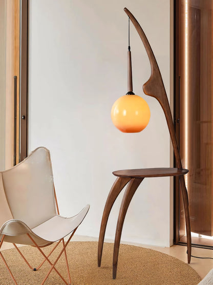 Curved Mantis Arm Floor Lamp with Amber Glass Shade