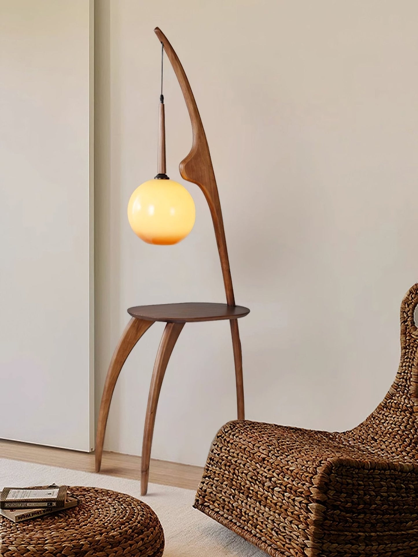 Curved Mantis Arm Floor Lamp with Amber Glass Shade