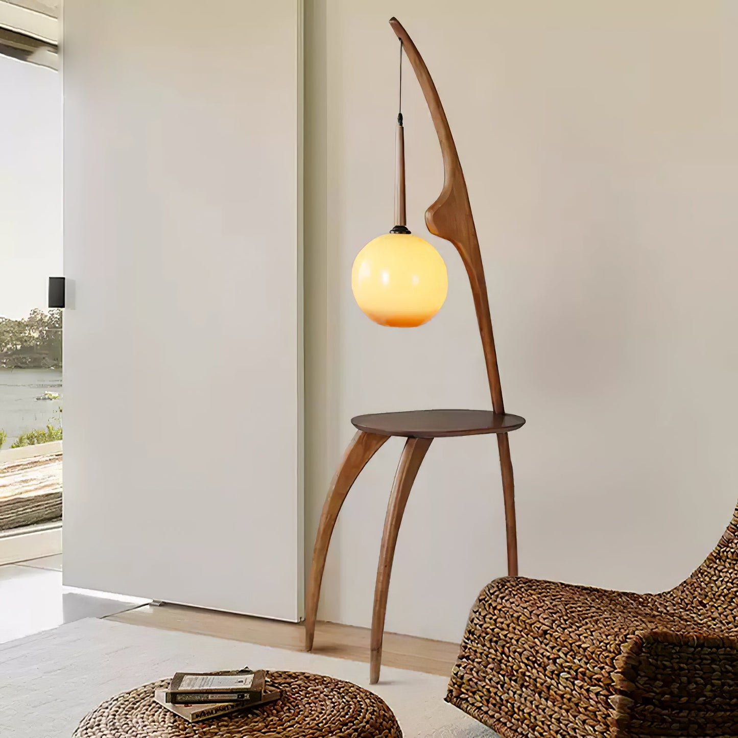 Curved Mantis Arm Floor Lamp with Amber Glass Shade