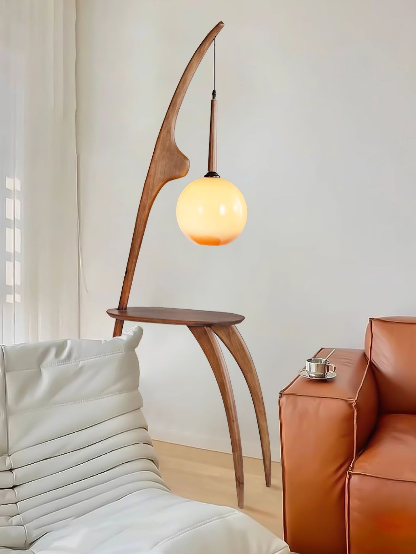 Curved Mantis Arm Floor Lamp with Amber Glass Shade