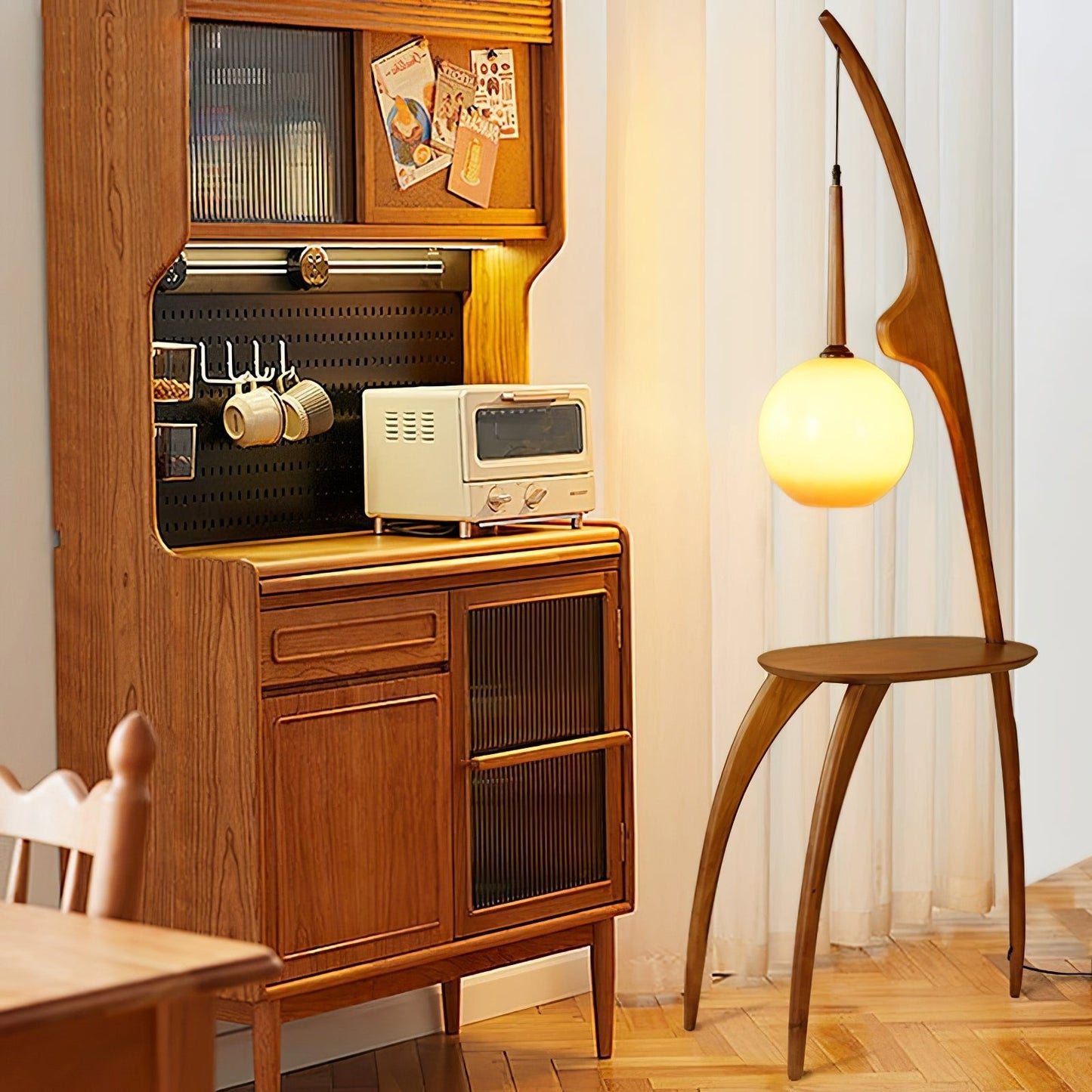 Curved Mantis Arm Floor Lamp with Amber Glass Shade