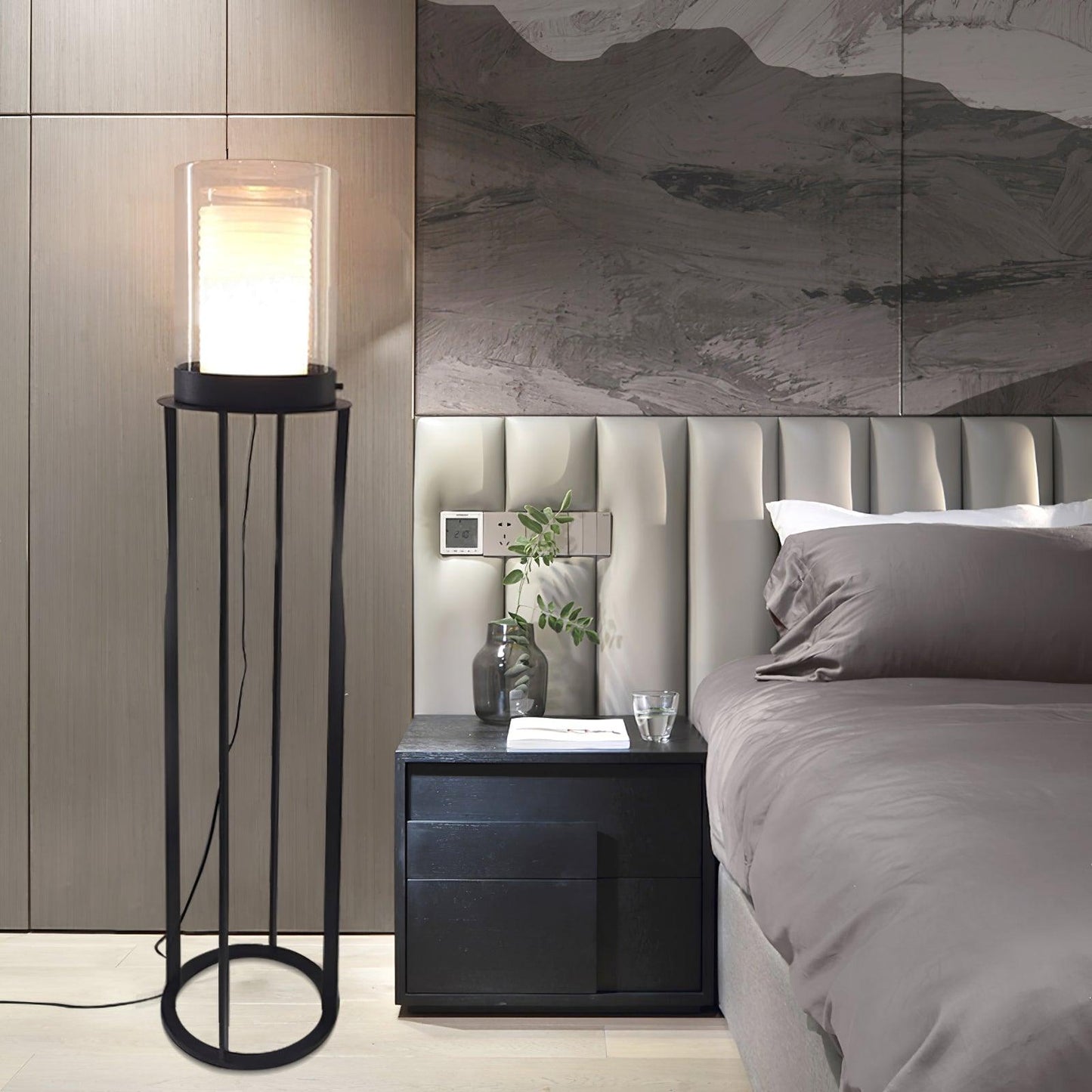 Dual Cylinder Glass Floor Lamp with LED Light, Black