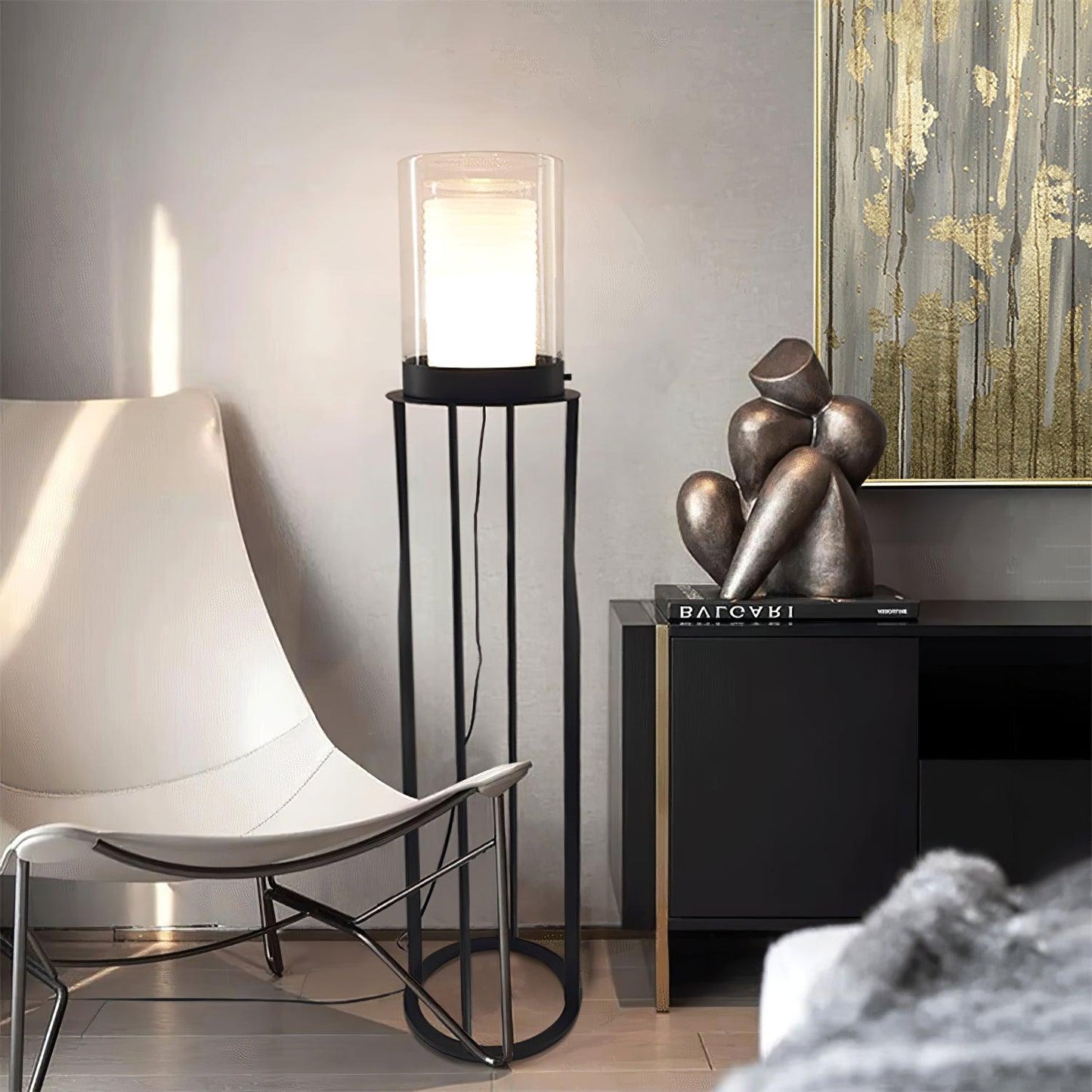 Dual Cylinder Glass Floor Lamp with LED Light, Black