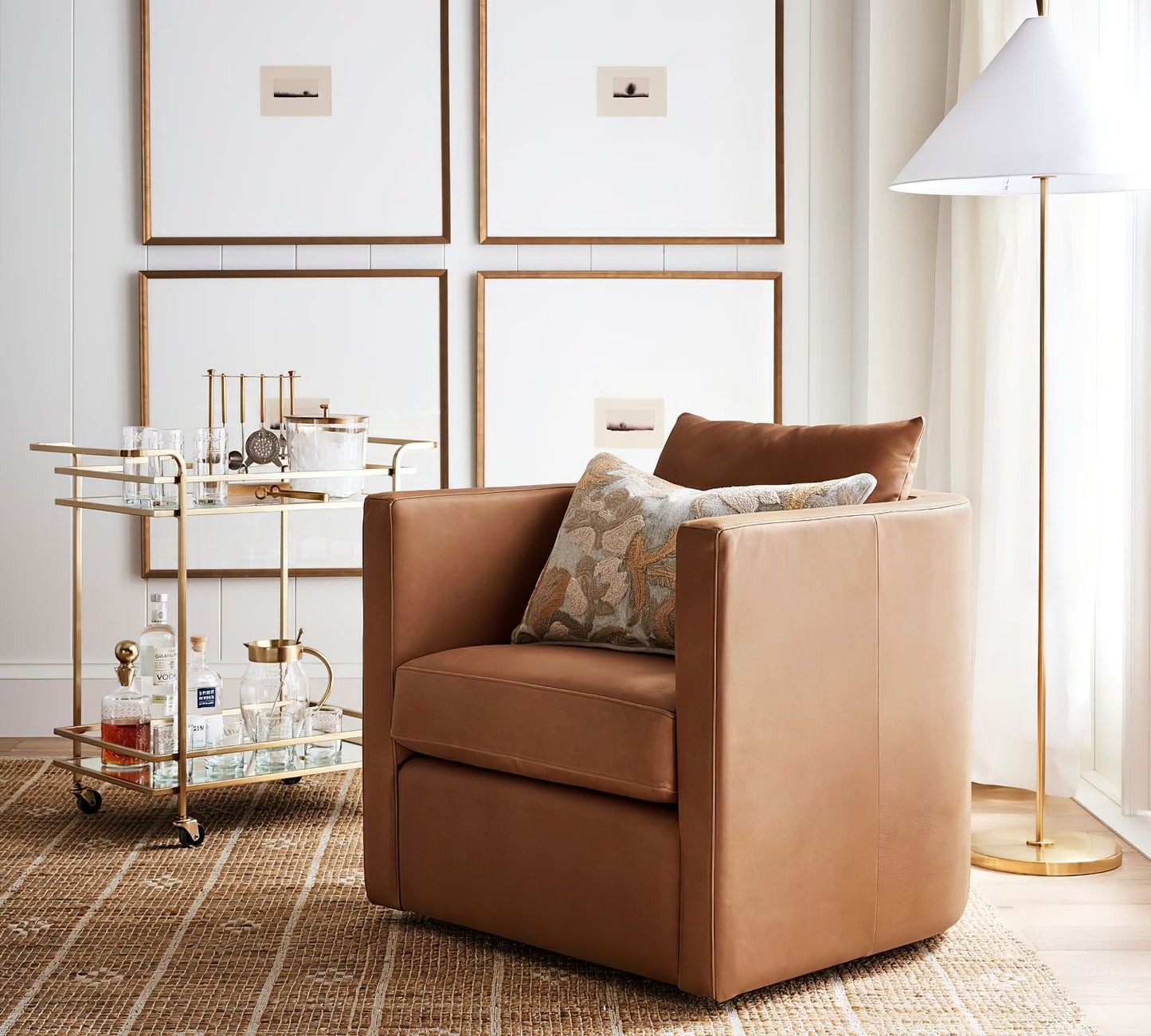 Ellis Floor Lamp with Brass Frame and White Shade