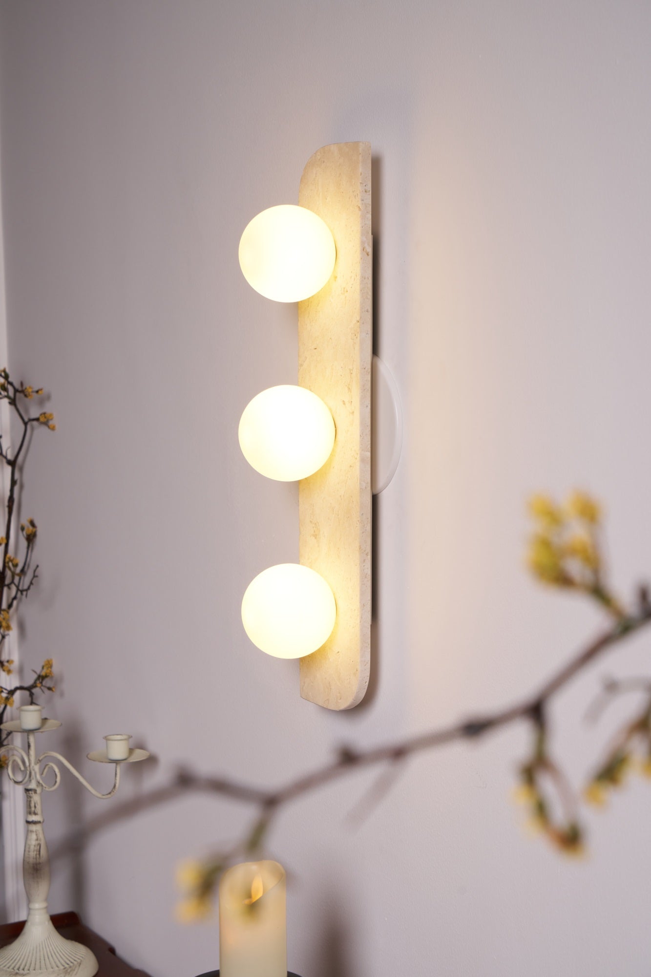Elysian Travertine Wall Light with LED Glass Globes