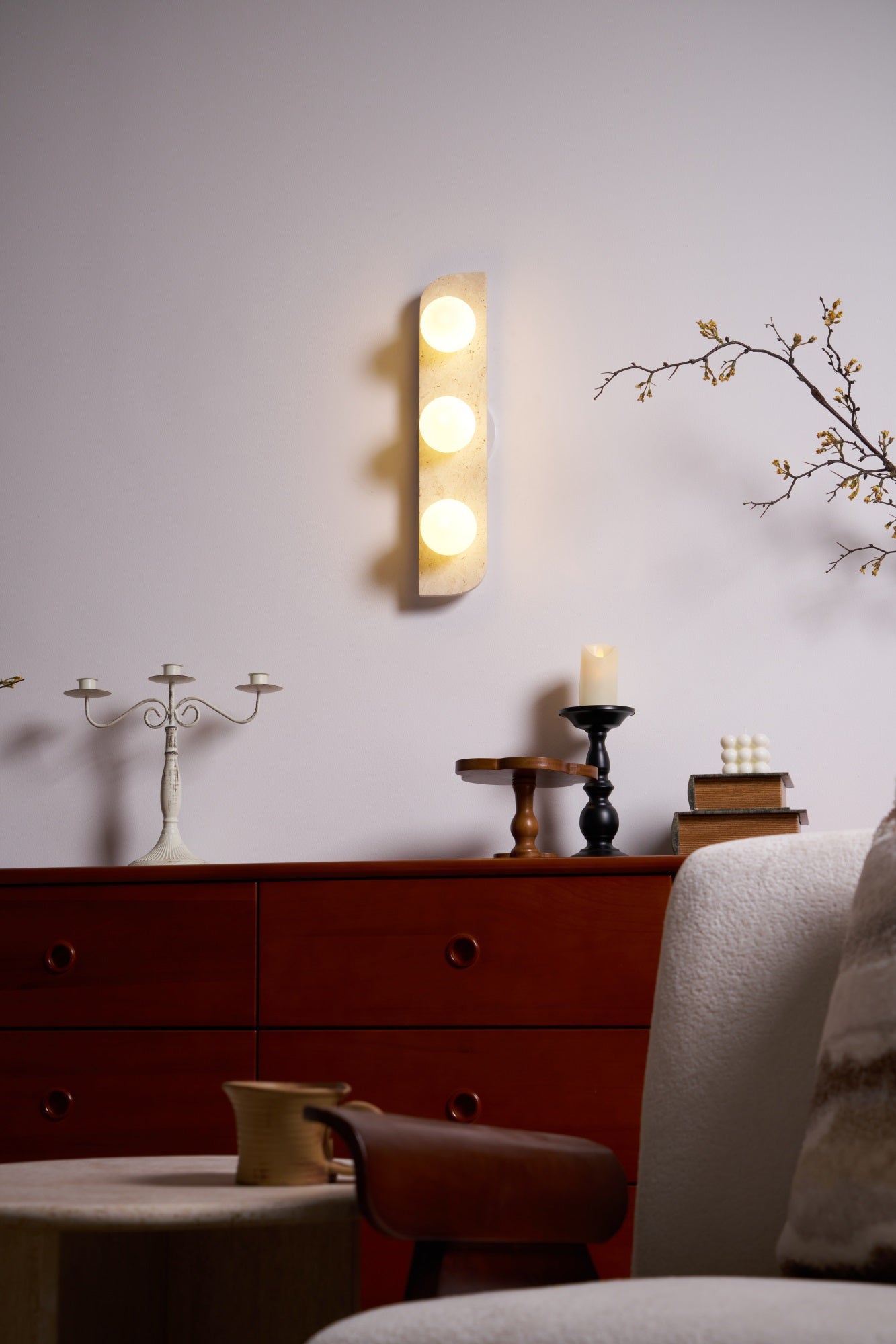 Elysian Travertine Wall Light with LED Glass Globes