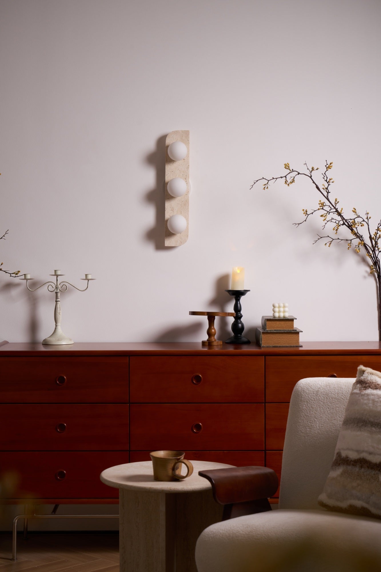 Elysian Travertine Wall Light with LED Glass Globes