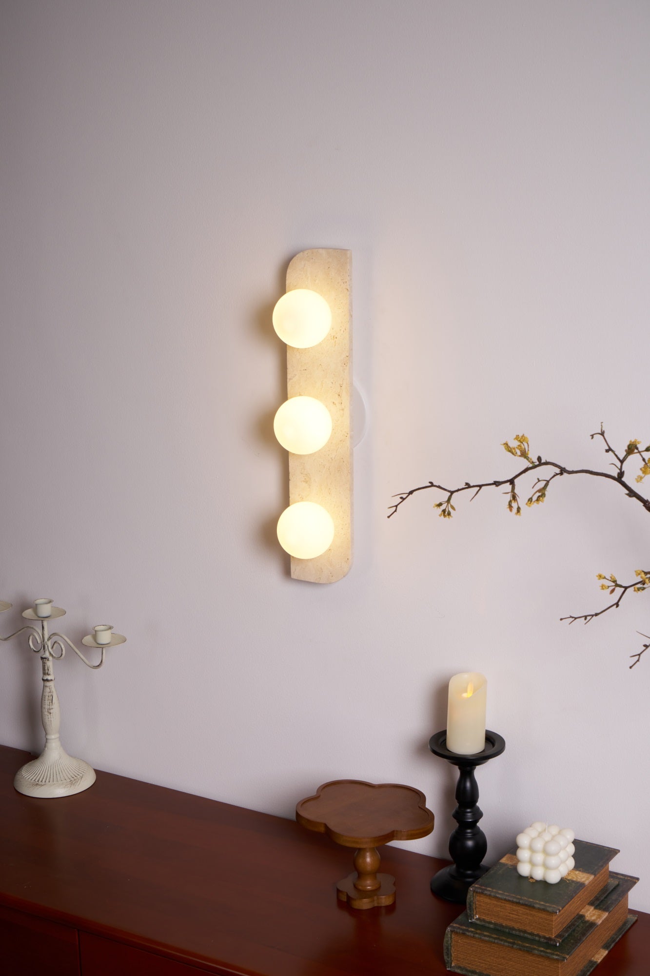 Elysian Travertine Wall Light with LED Glass Globes