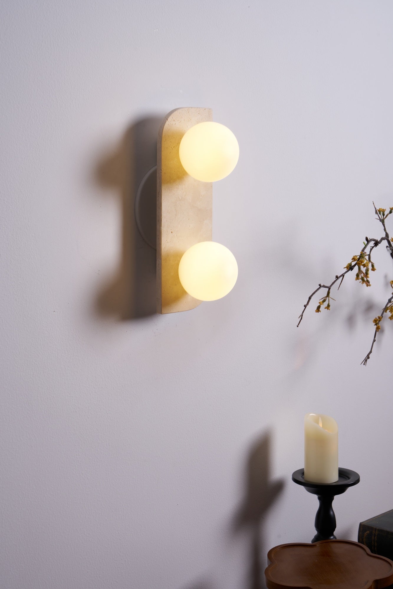 Elysian Travertine Wall Light with LED Glass Globes