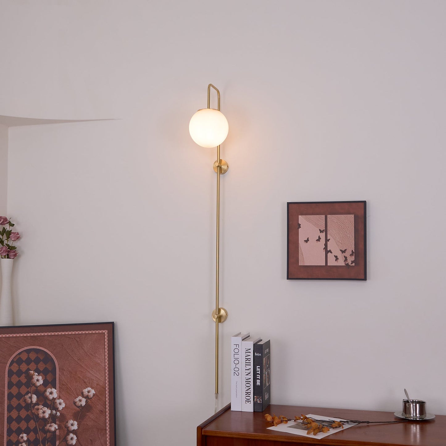 Globe Brass Plug-in Wall Sconce with White Glass Shade