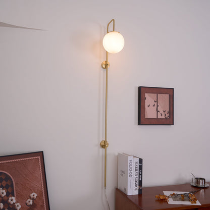 Globe Brass Plug-in Wall Sconce with White Glass Shade