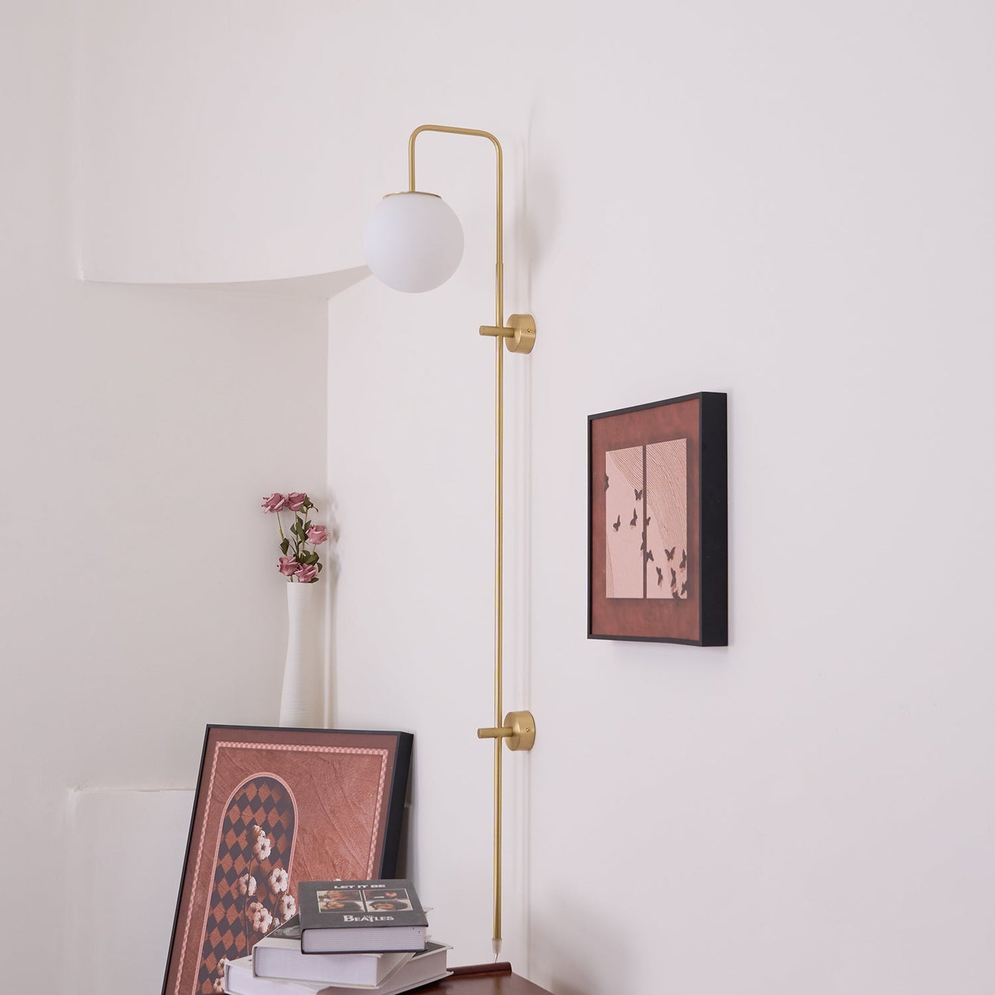 Globe Brass Plug-in Wall Sconce with White Glass Shade