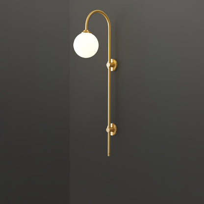 Globe Brass Wall Sconce with White Glass Shade, LED Compatible