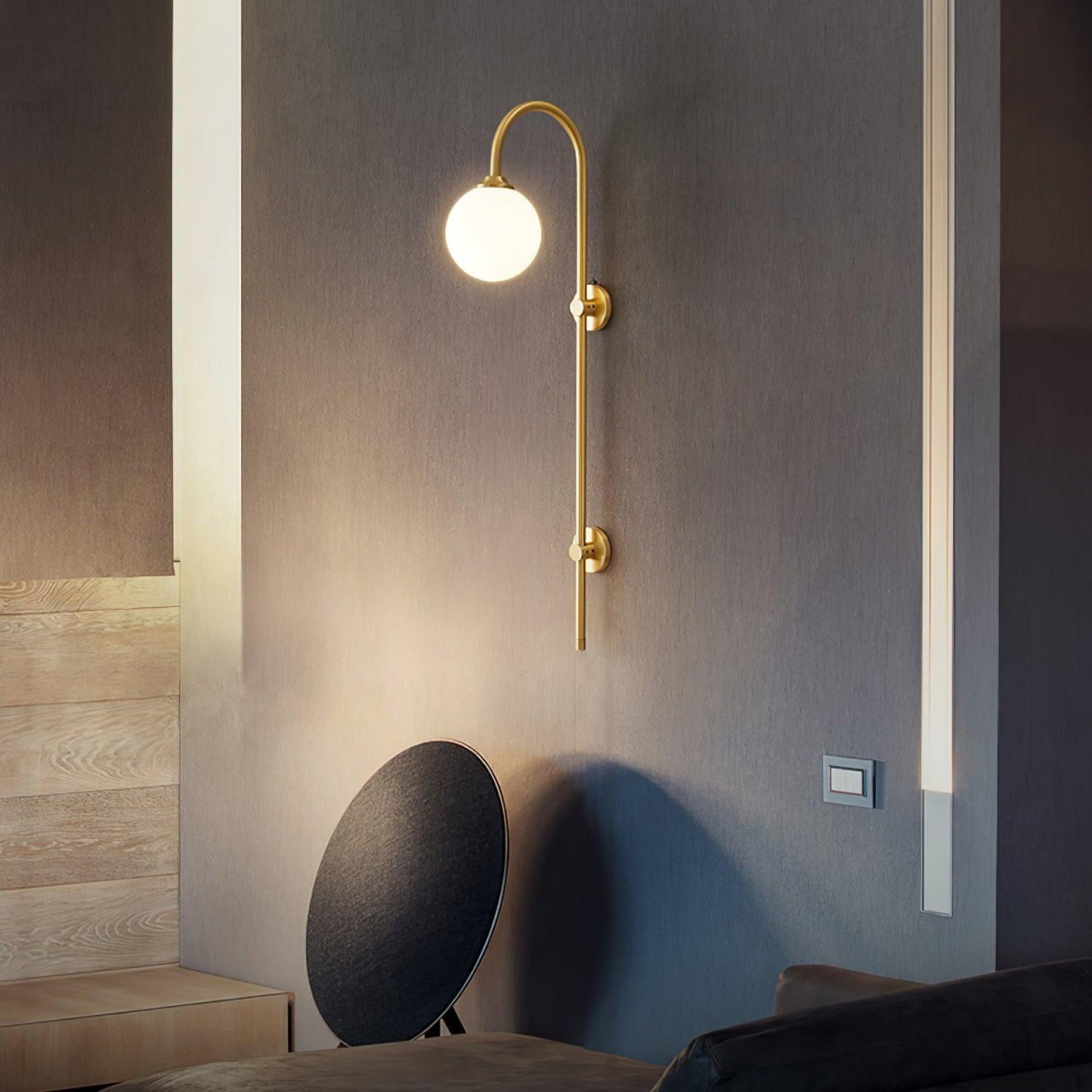 Globe Brass Wall Sconce with White Glass Shade, LED Compatible