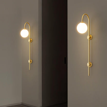 Globe Brass Wall Sconce with White Glass Shade, LED Compatible