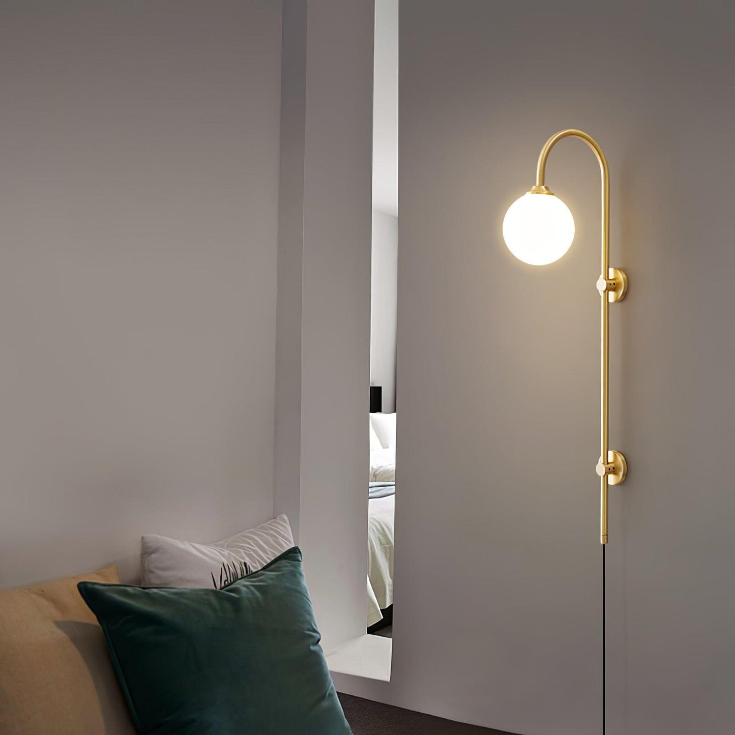 Globe Brass Plug-in Wall Sconce with White Glass Shade
