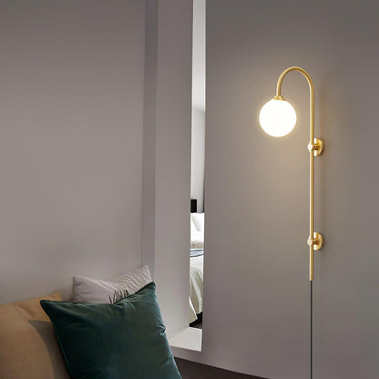Globe Brass Plug-in Wall Sconce with White Glass Shade