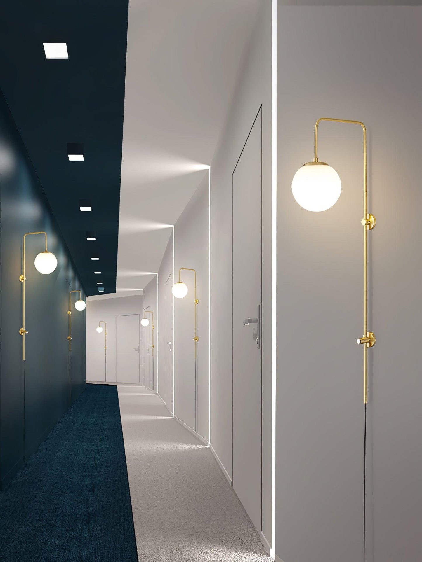 Globe Brass Plug-in Wall Sconce with White Glass Shade