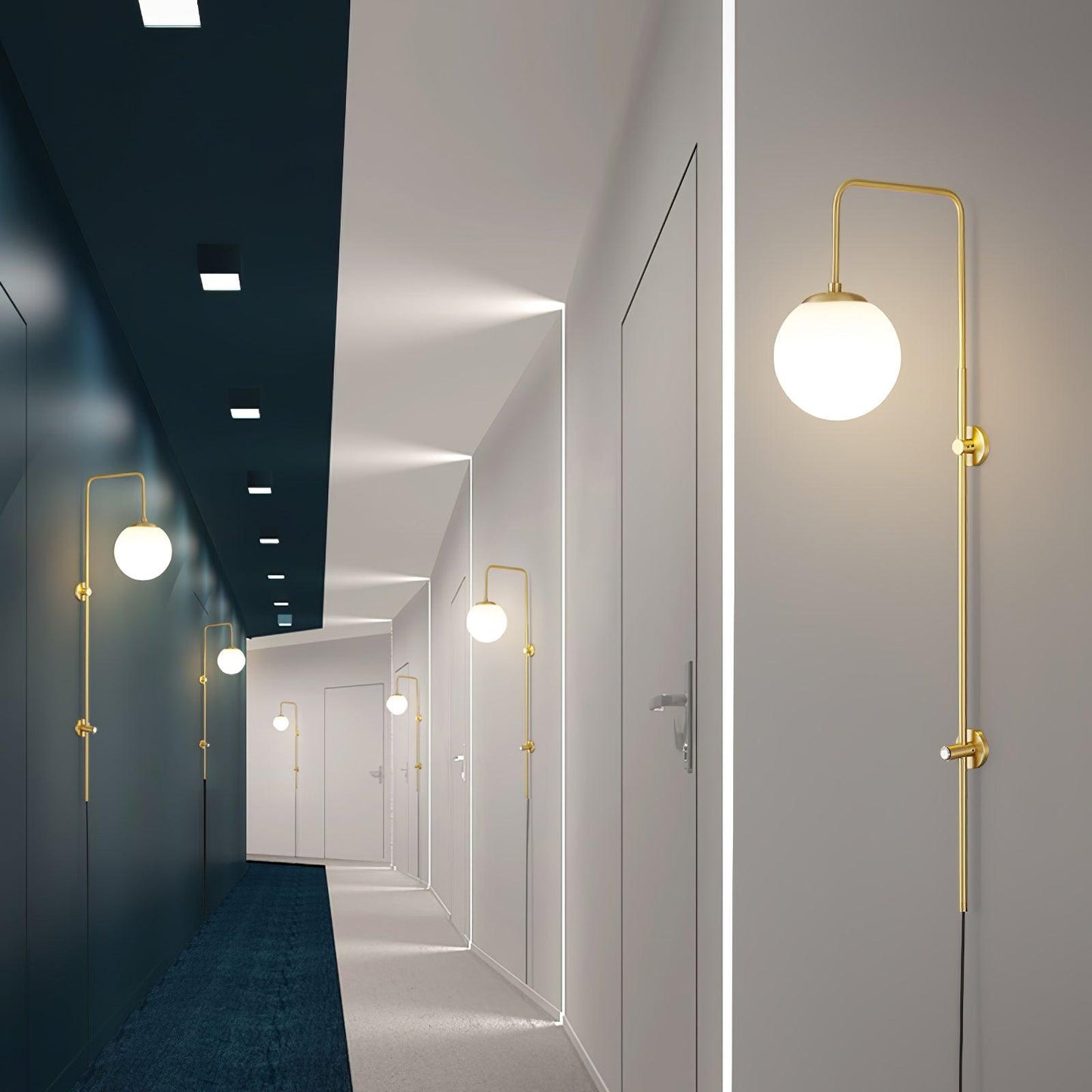 Globe Brass Plug-in Wall Sconce with White Glass Shade