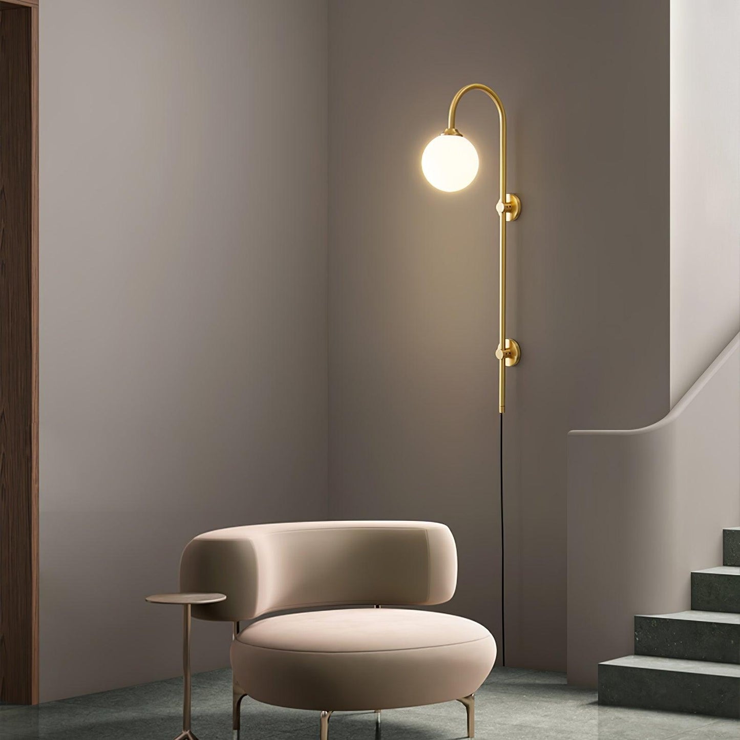 Globe Brass Plug-in Wall Sconce with White Glass Shade