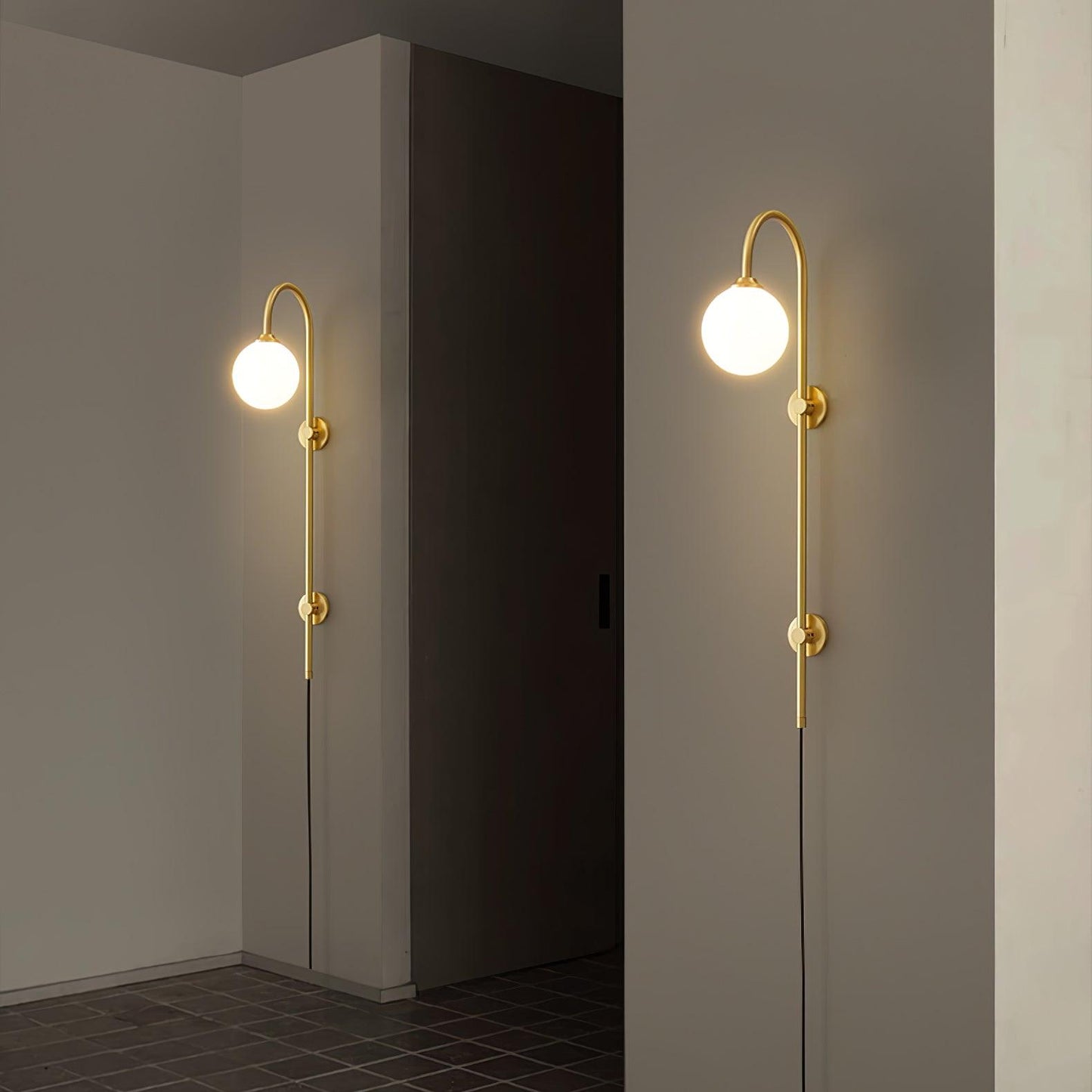 Globe Brass Plug-in Wall Sconce with White Glass Shade