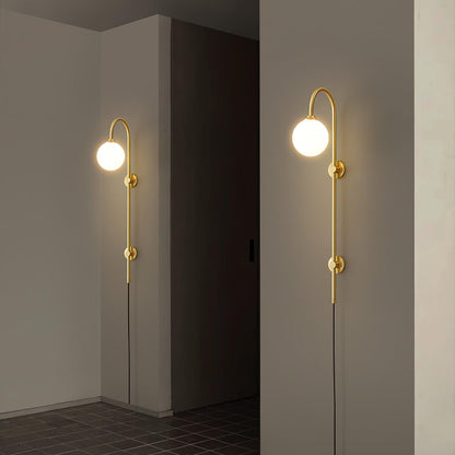 Globe Brass Plug-in Wall Sconce with White Glass Shade