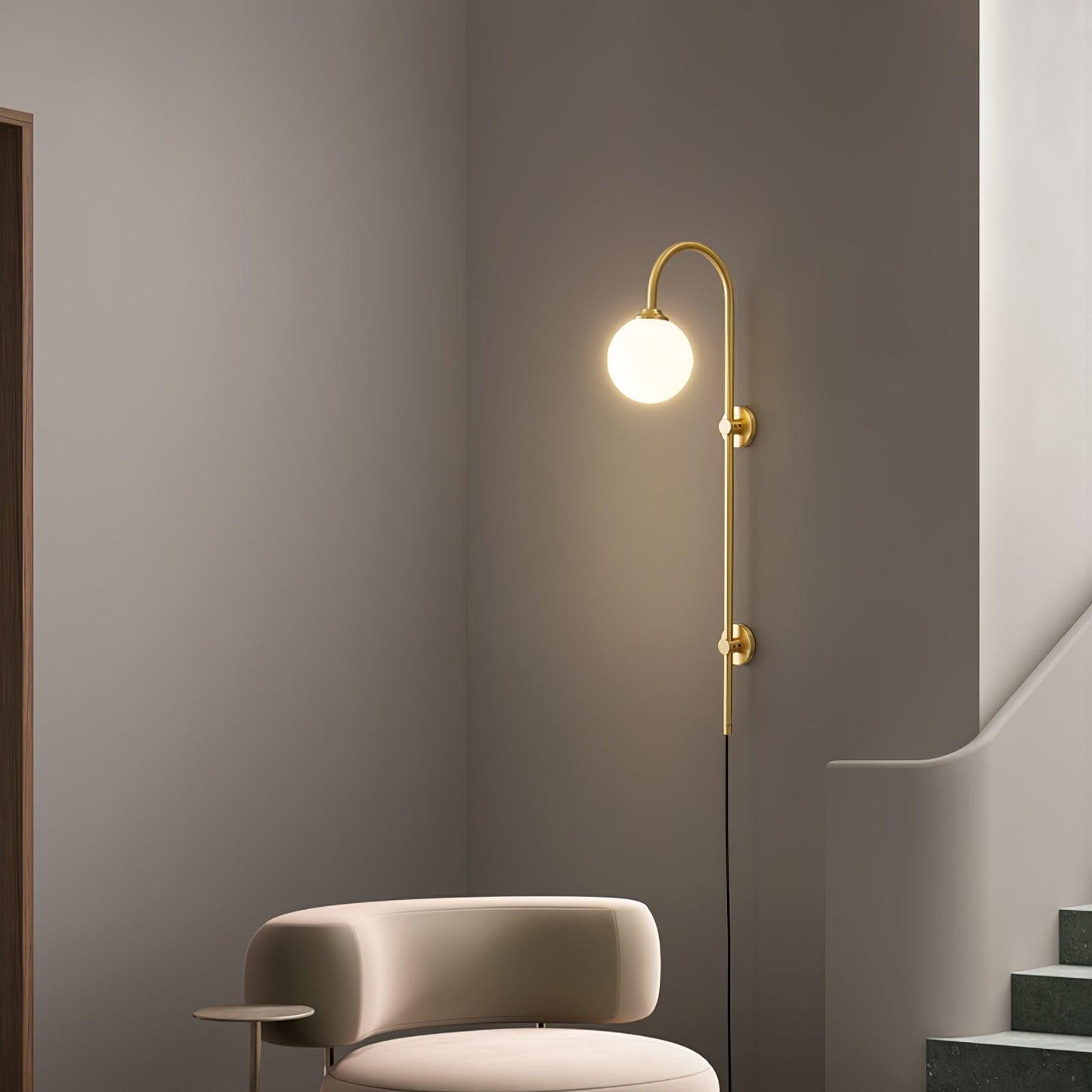 Globe Brass Plug-in Wall Sconce with White Glass Shade