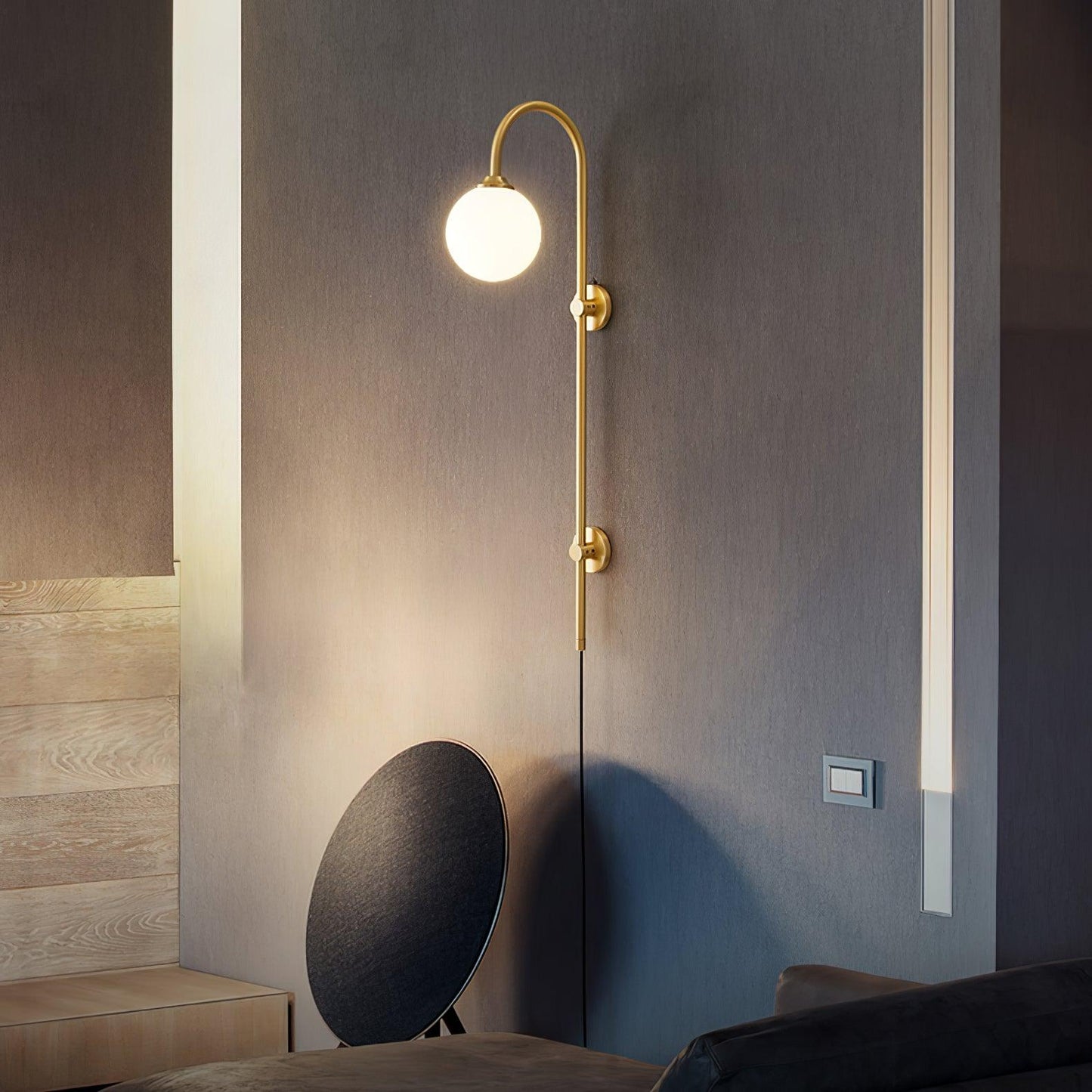 Globe Brass Plug-in Wall Sconce with White Glass Shade