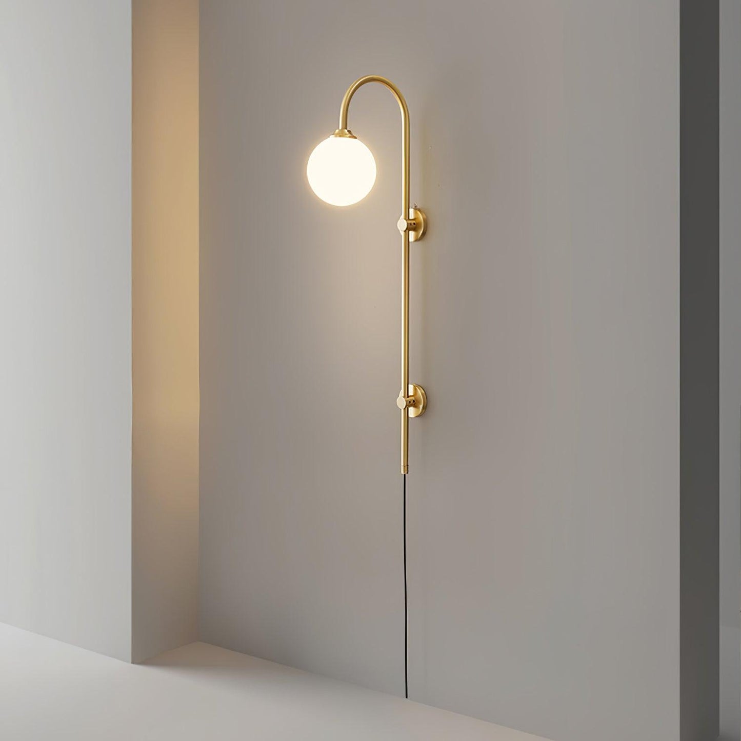 Globe Brass Plug-in Wall Sconce with White Glass Shade