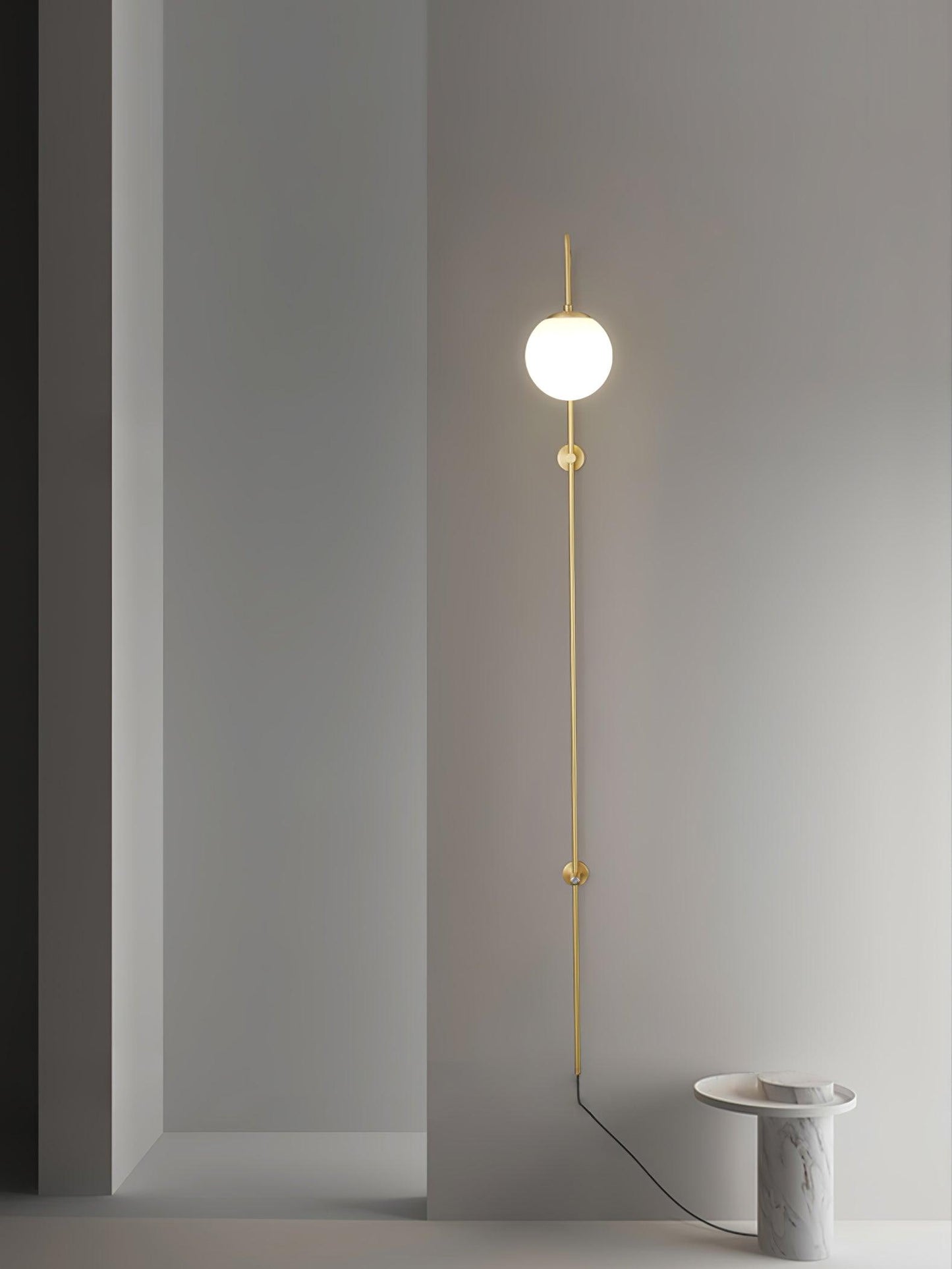 Globe Brass Plug-in Wall Sconce with White Glass Shade