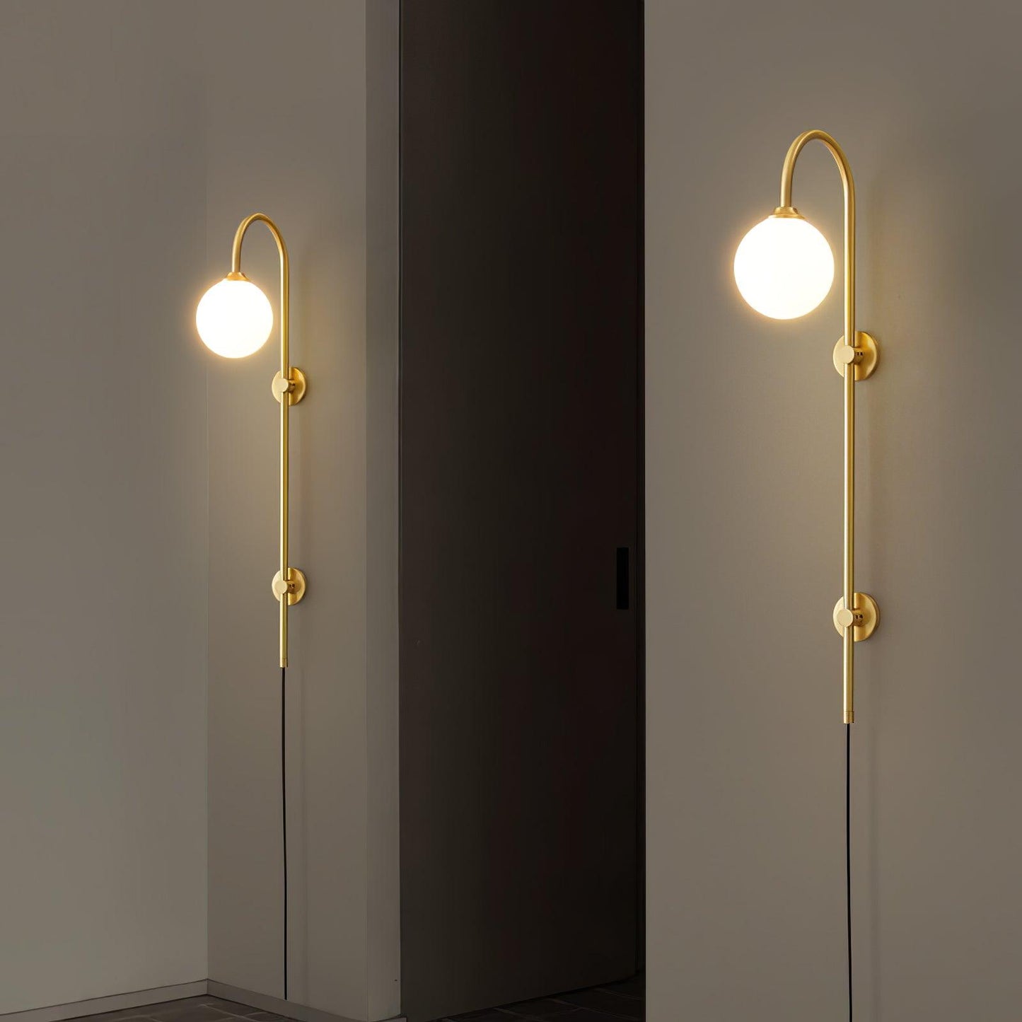 Globe Brass Plug-in Wall Sconce with White Glass Shade