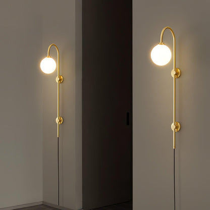Globe Brass Plug-in Wall Sconce with White Glass Shade