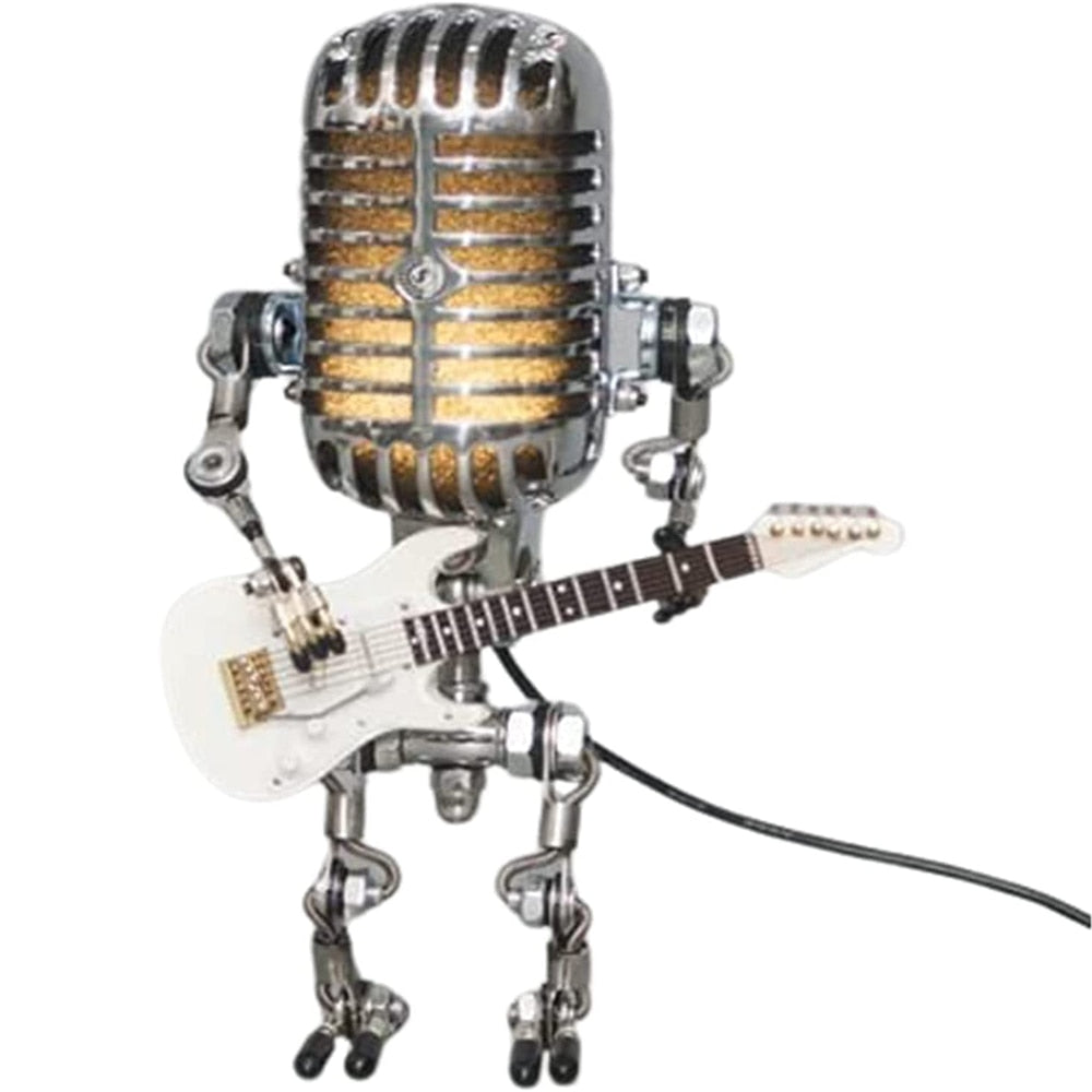 RoyaleGlow Vintage Microphone Robot Lamp with Guitar - Unique Home Decor