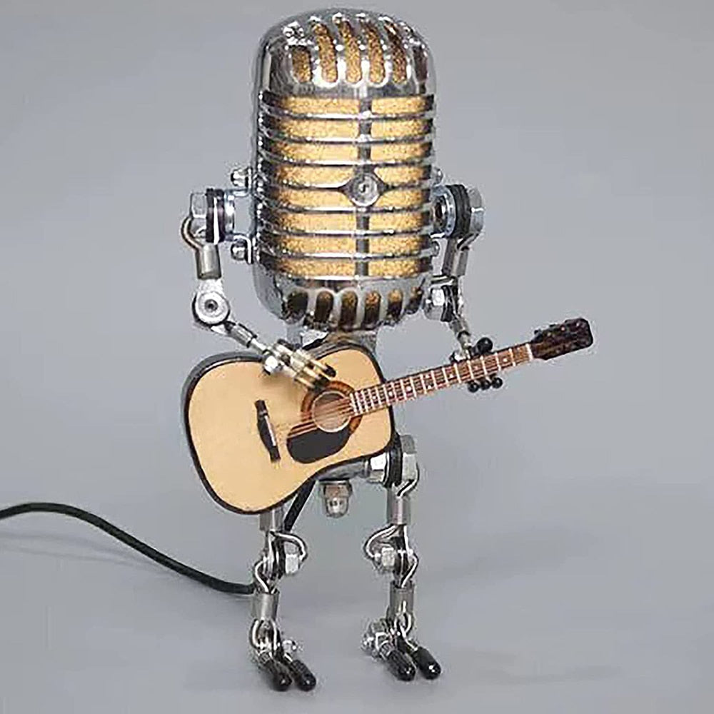 RoyaleGlow Vintage Microphone Robot Lamp with Guitar - Unique Home Decor