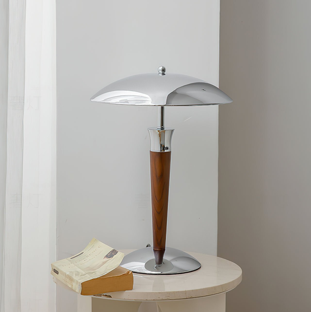 Helmet Floor Lamp with LED Chrome Shade and Walnut Base