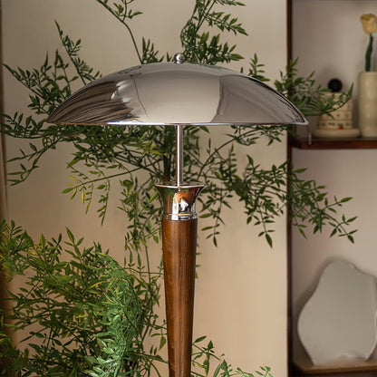 Helmet Floor Lamp with LED Chrome Shade and Walnut Base