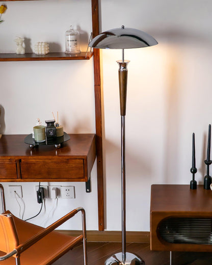 Helmet Floor Lamp with LED Chrome Shade and Walnut Base