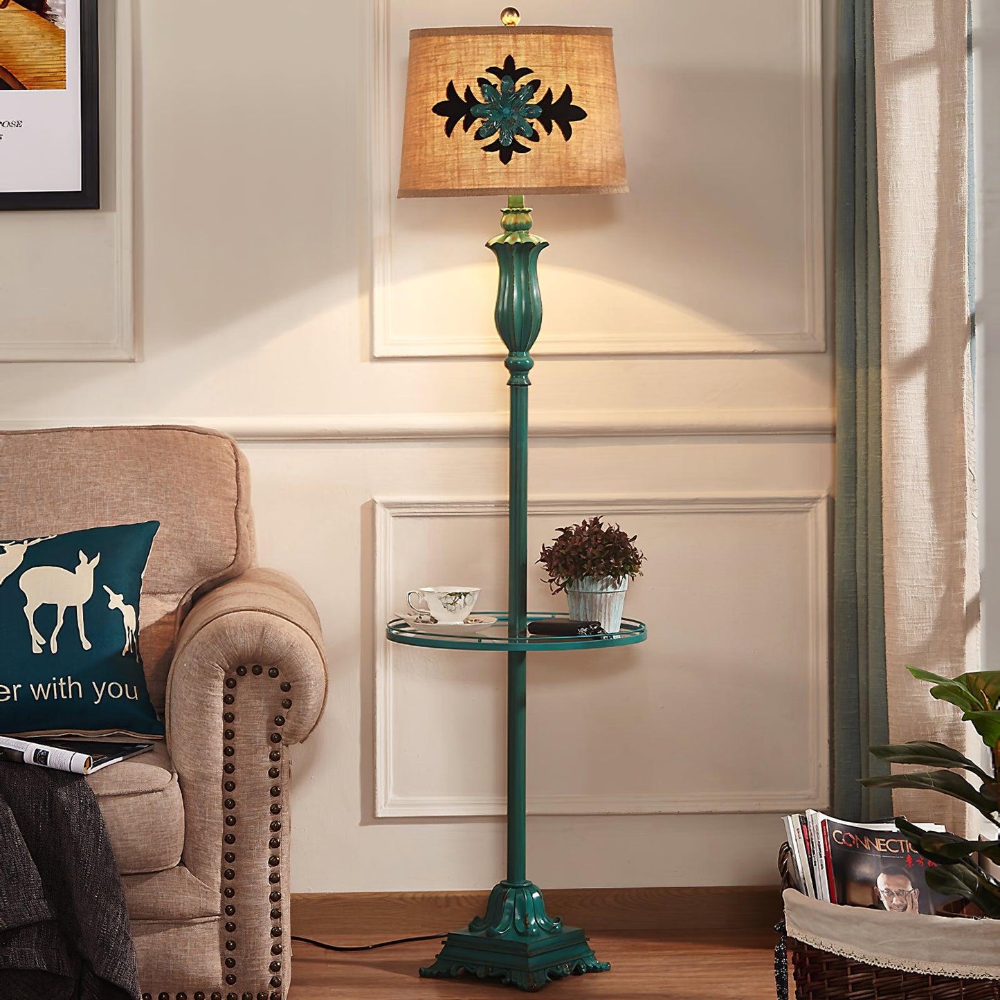 Lark Floor Lamp with Taupe Bell Shade - Vintage Resin Design