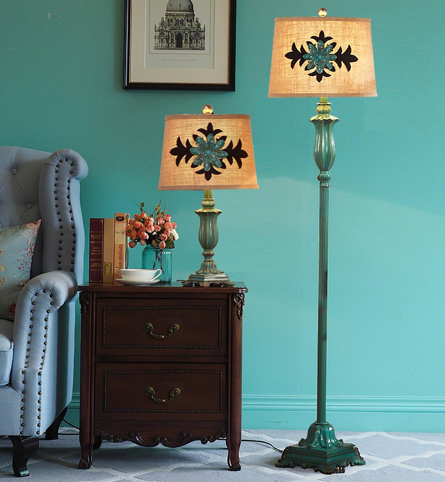 Lark Floor Lamp with Taupe Bell Shade - Vintage Resin Design