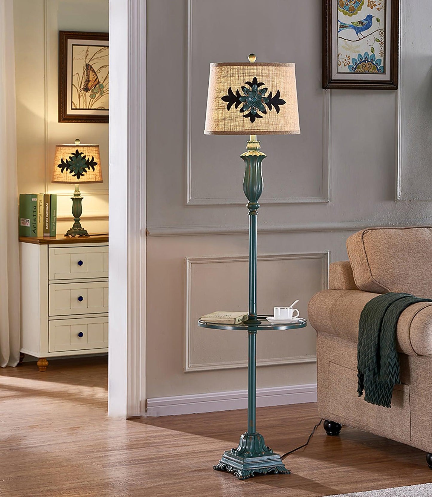 Lark Floor Lamp with Taupe Bell Shade - Vintage Resin Design