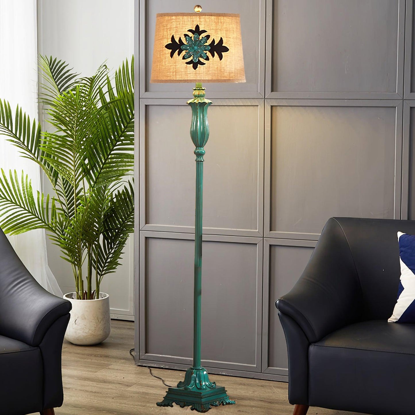 Lark Floor Lamp with Taupe Bell Shade - Vintage Resin Design