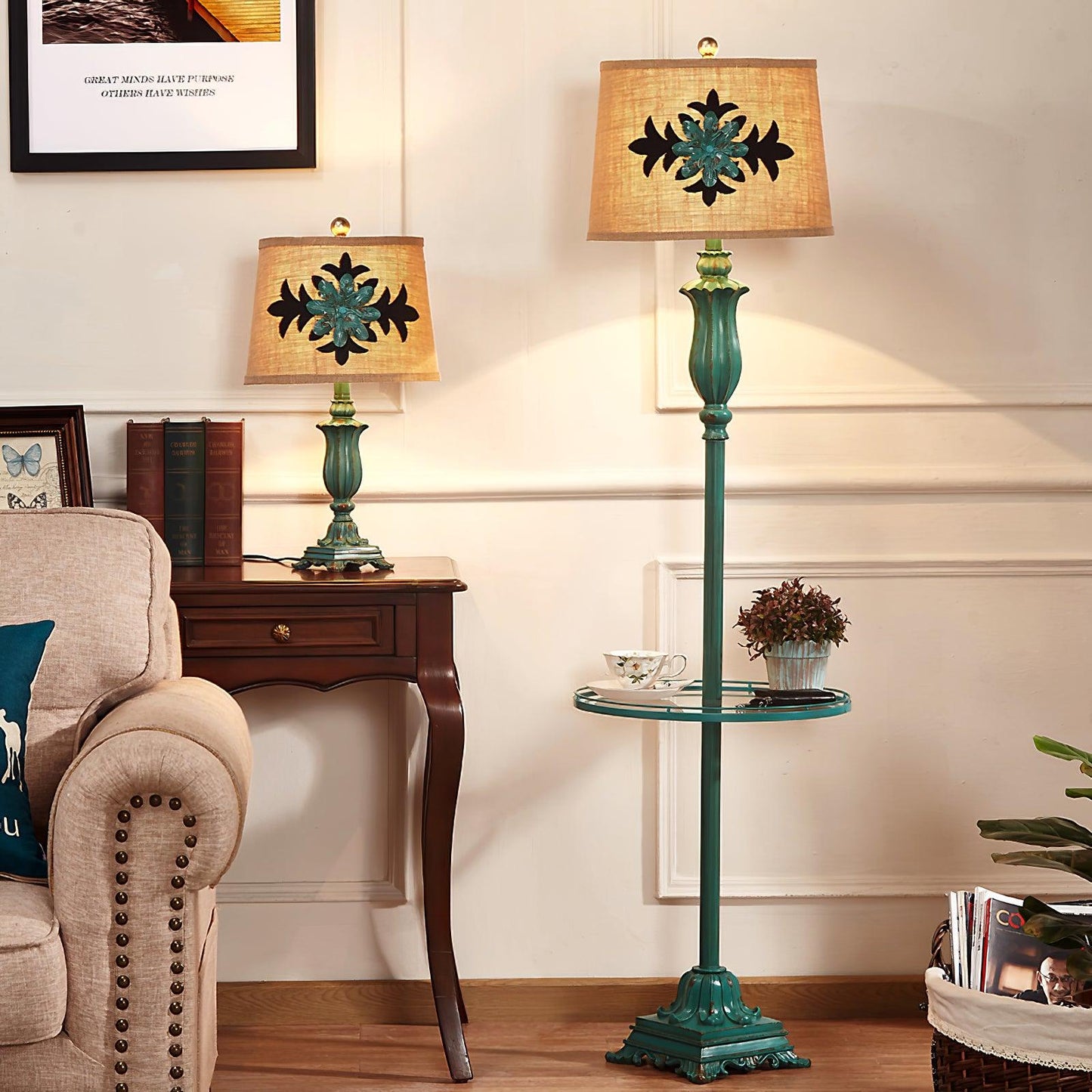 Lark Floor Lamp with Taupe Bell Shade - Vintage Resin Design