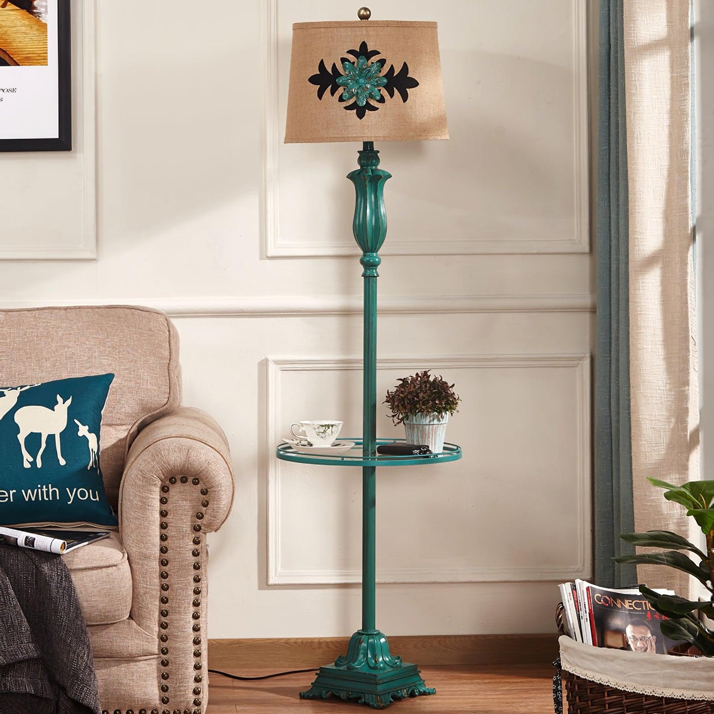 Lark Floor Lamp with Taupe Bell Shade - Vintage Resin Design